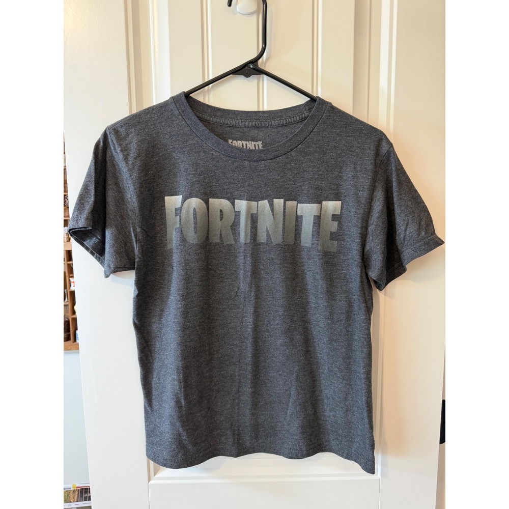 Fortnite Kids Graphic T-Shirt Charcoal Gray Silver Logo Short Sleeve Size 10/12